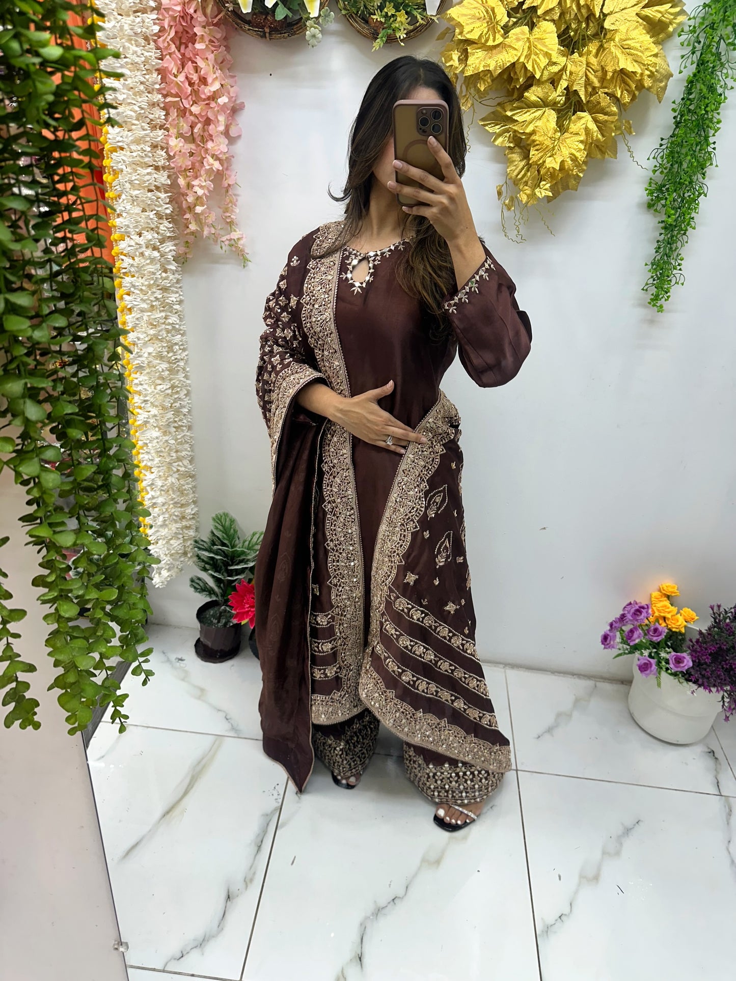 Chocolate brown suit with heavy duppata