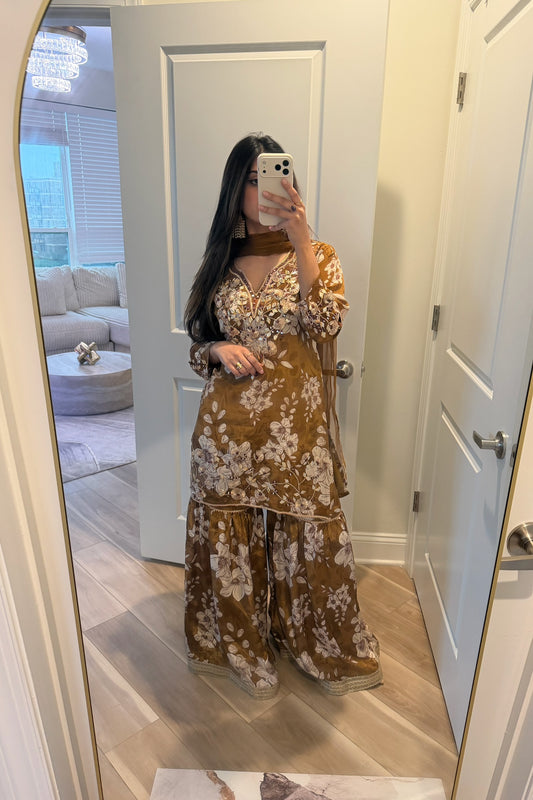 Brown silk floral gharara suit