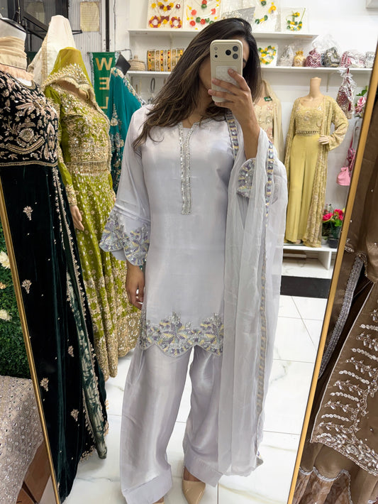 Grey silk hand embellished farsi suit