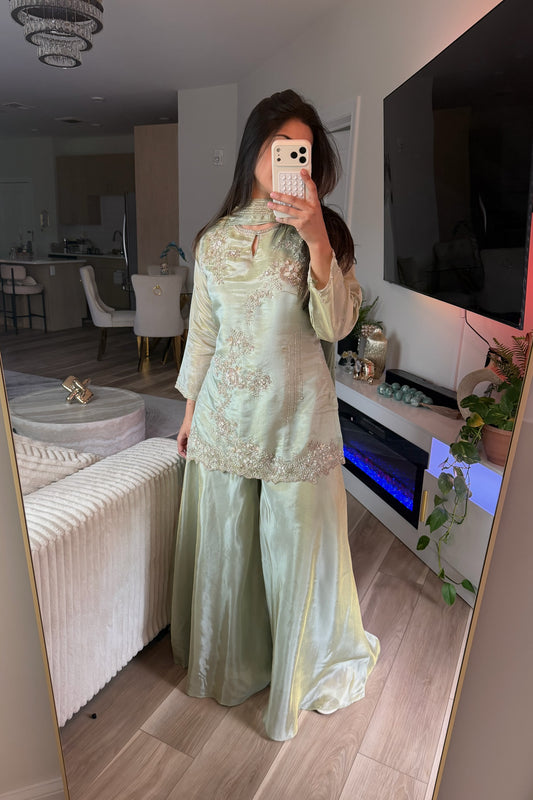 Sage green short kameez suit