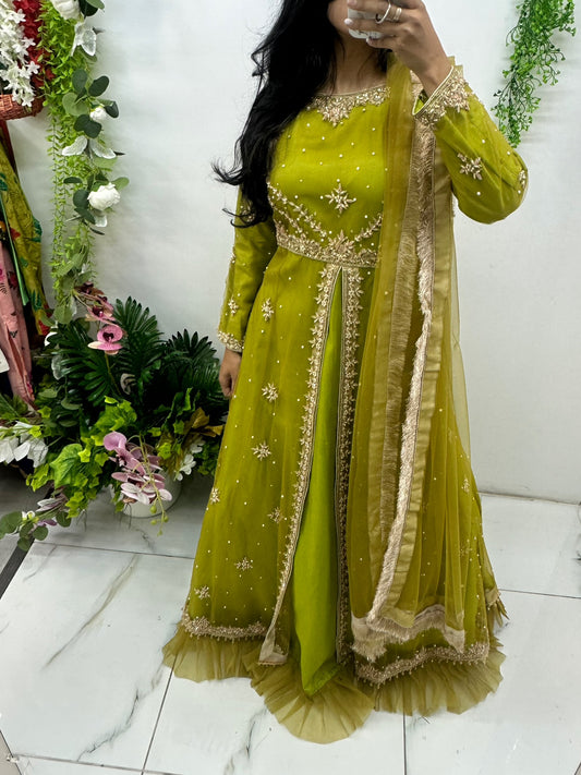 Green hand work party wear maxi