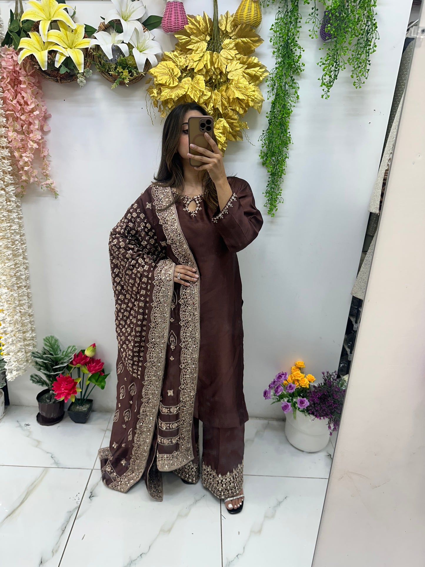 Chocolate brown suit with heavy duppata