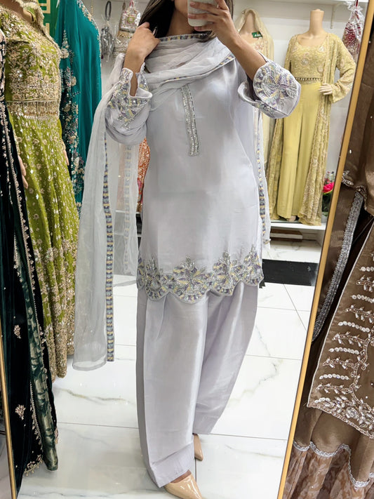 Grey silk hand embellished farsi suit
