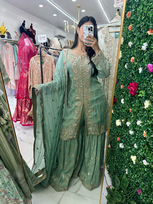 Mint blue banarasi party wear gharara suit