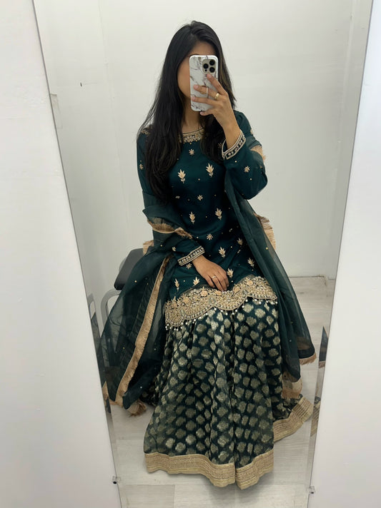 Green hand work gharara suit