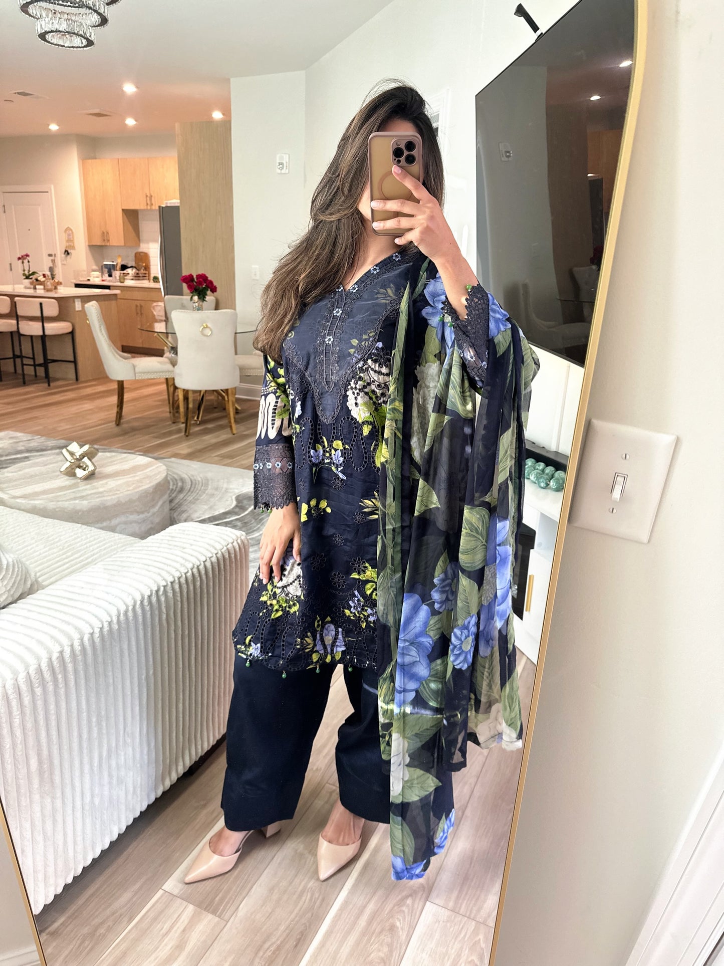 Navy blue floral lawn suit