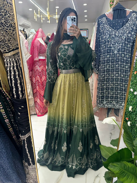 Green two shade belted gown