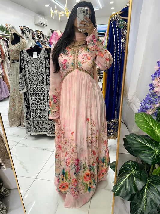 Baby pink alia cut maxi with mirror work