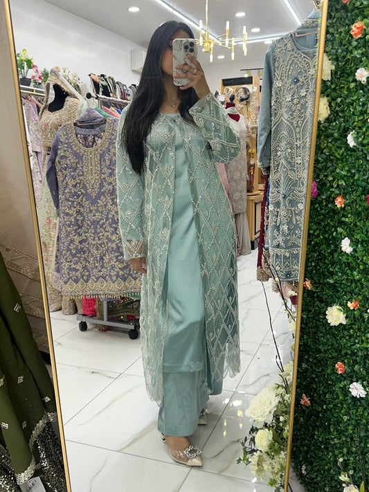 Light aqua blue pearl work silk suit