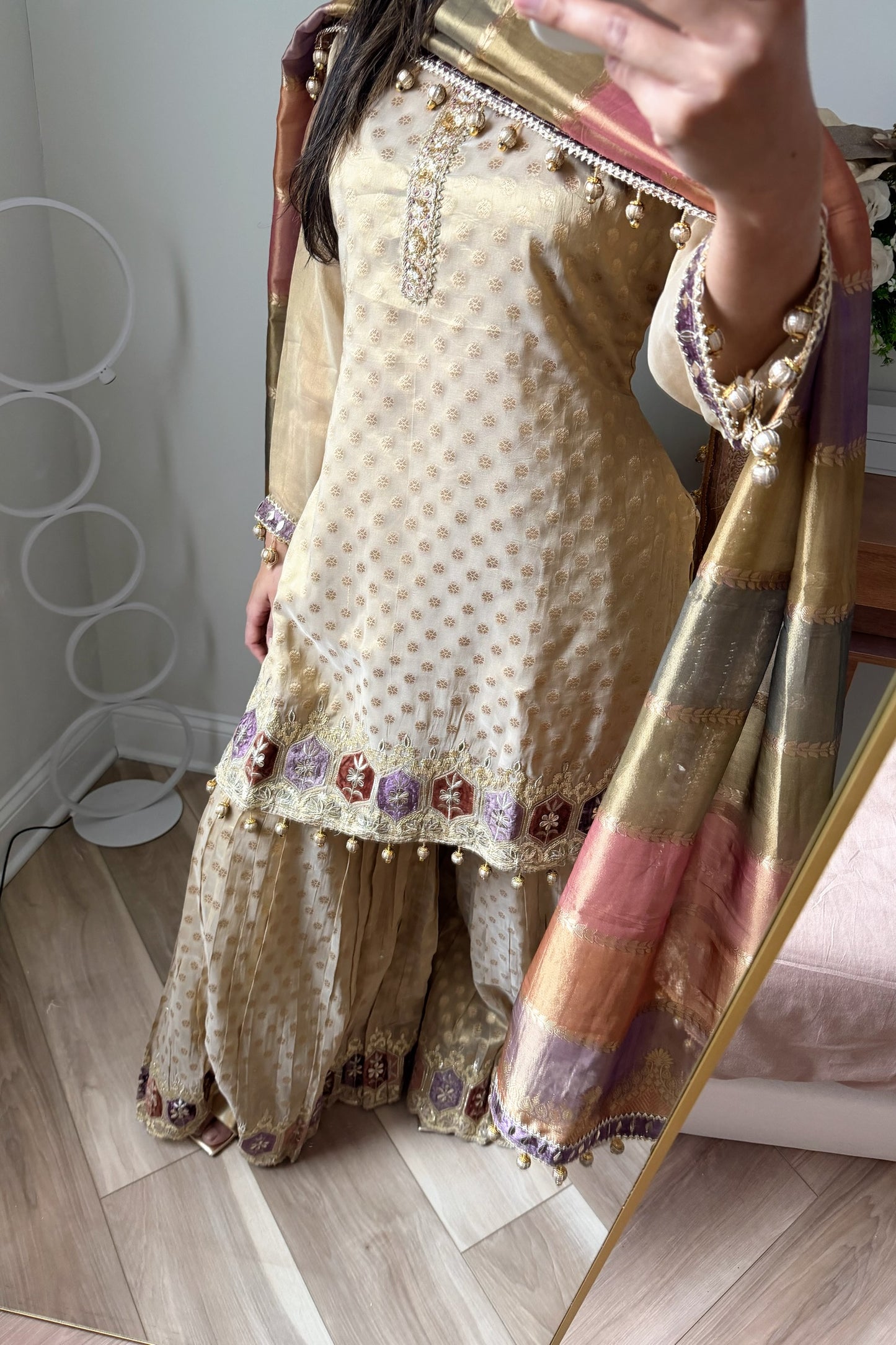 Beige gold Banarasi gharara suit