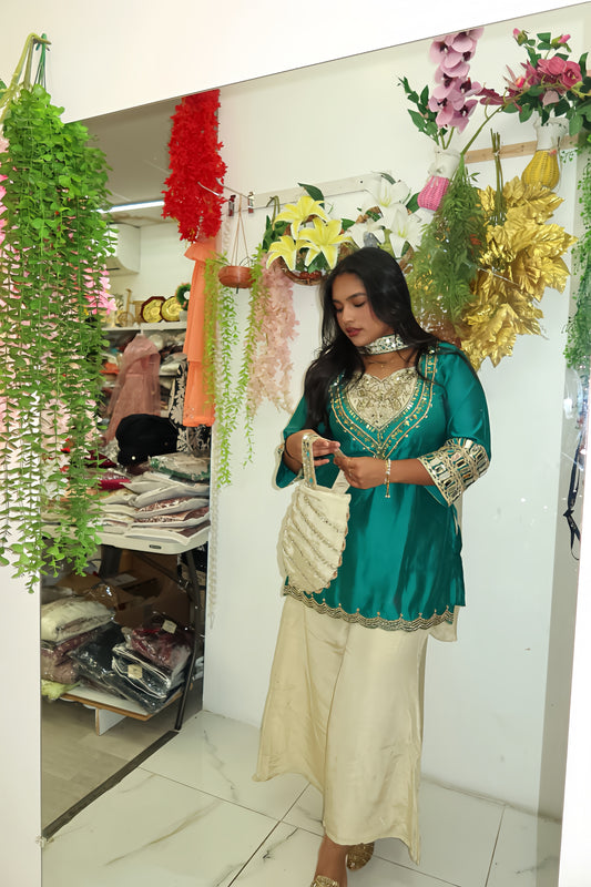 Turkoise silk wide leg suit