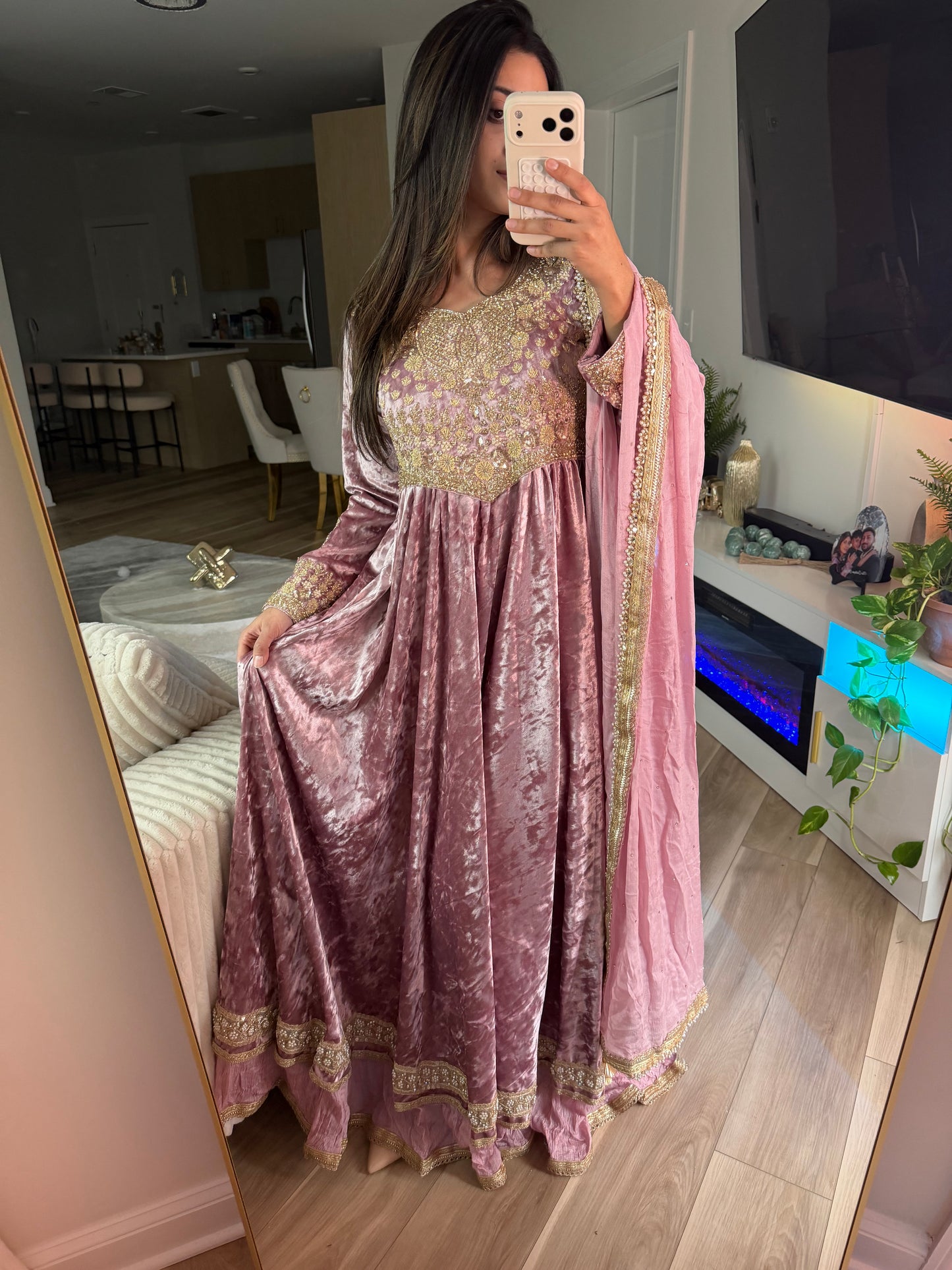 Pink velvet stone work gown