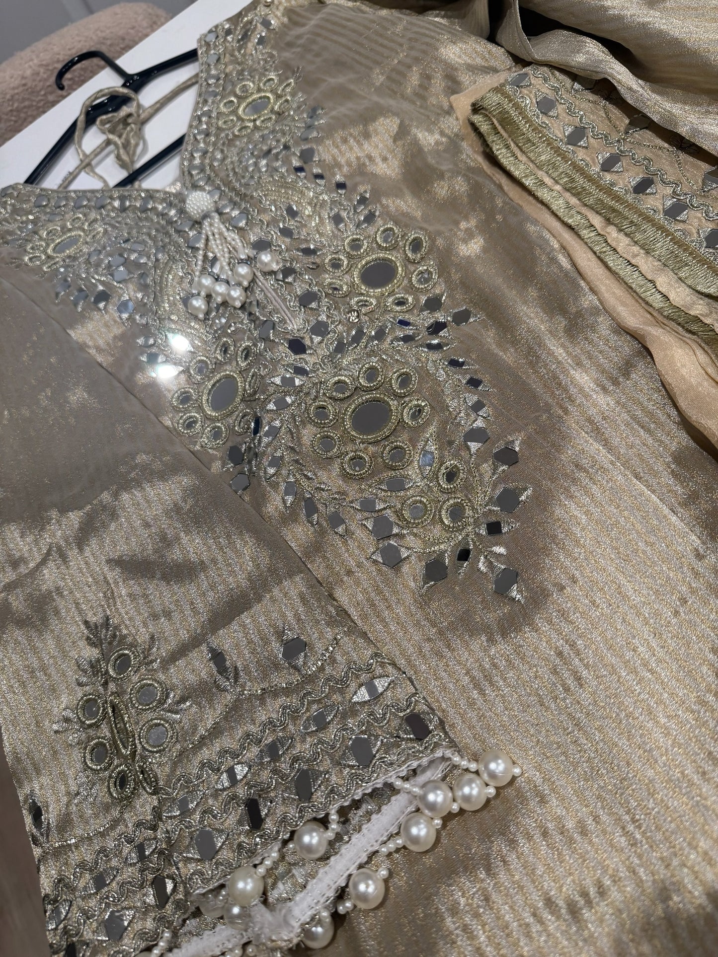 Ivory gold hand work mirror farshi suit