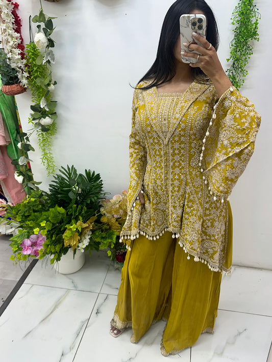 Mustard yellow silk party wear suit
