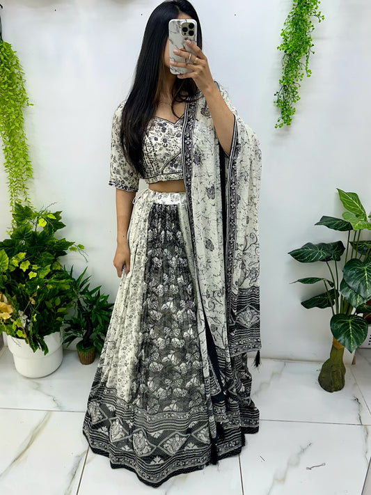 Black and white georgette sequence mirror lehenga