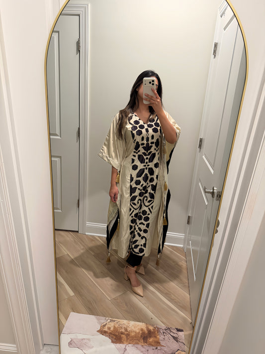 Velvet ivory black kaftan with gold work