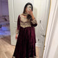 Plum velvet stone work maxi suit