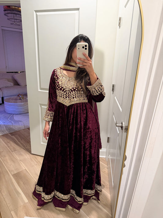 Plum velvet stone work maxi suit