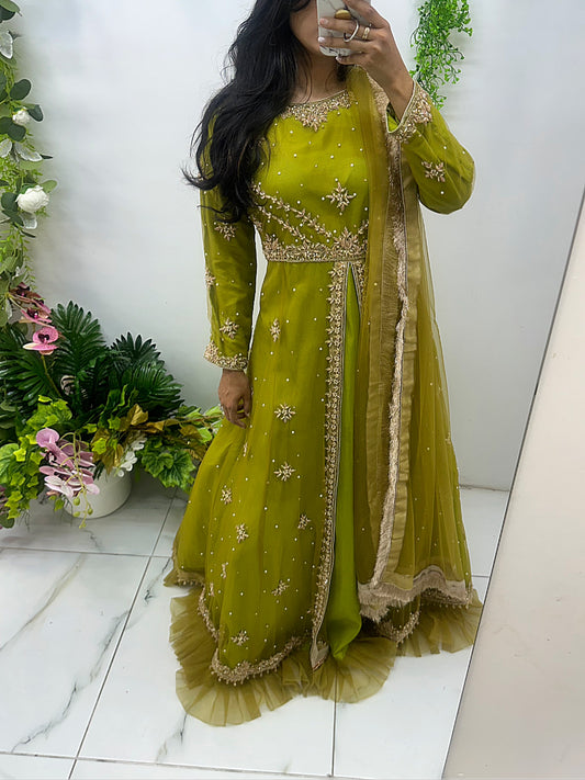 Green hand work party wear maxi