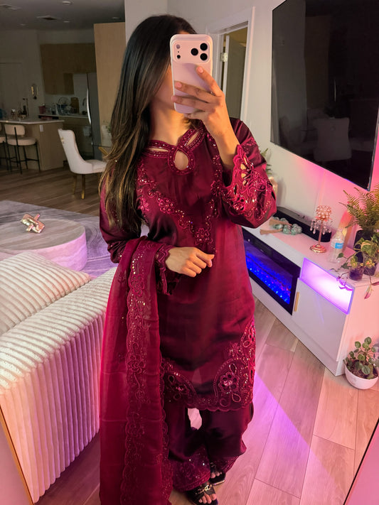 Plum tissue silk farshi salwar suit