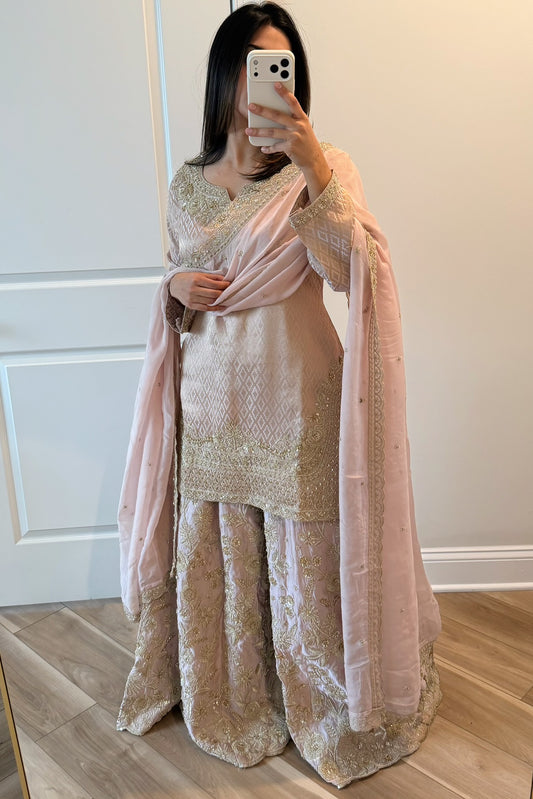 Baby pink heavy pant work suit in silk bananas