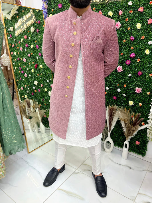 Light purple sequence thin velvet indo western sherwani