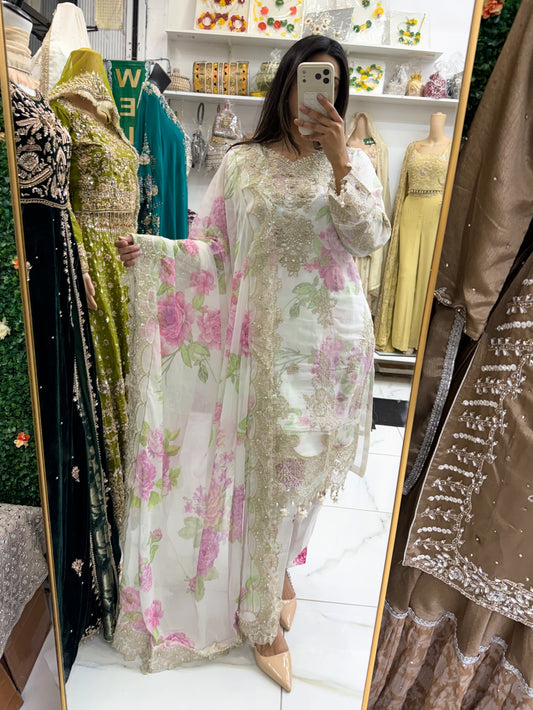 Floral white & pink chiffon suit