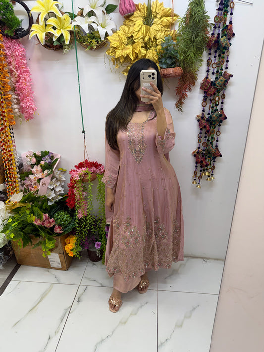 Pink short anarkali palazzo suit
