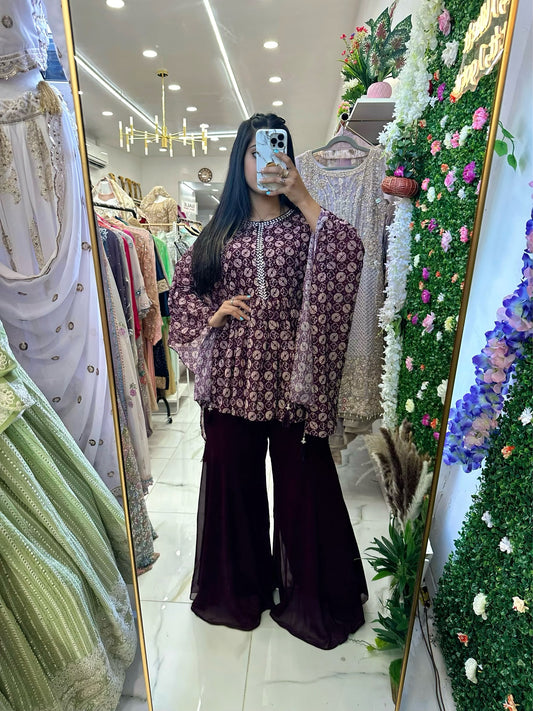 Purple short kaftan top with gharara pants