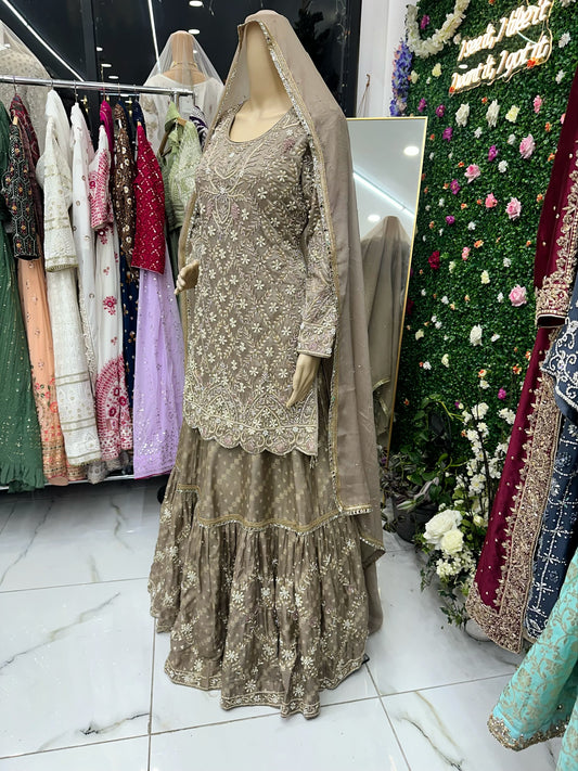 Beige semi bridal farsi lehenga suit