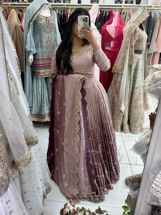 Nude pink and brown shade party wear lehenga