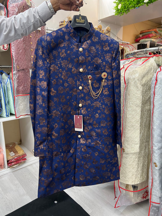 Dark blue print indo western sherwani