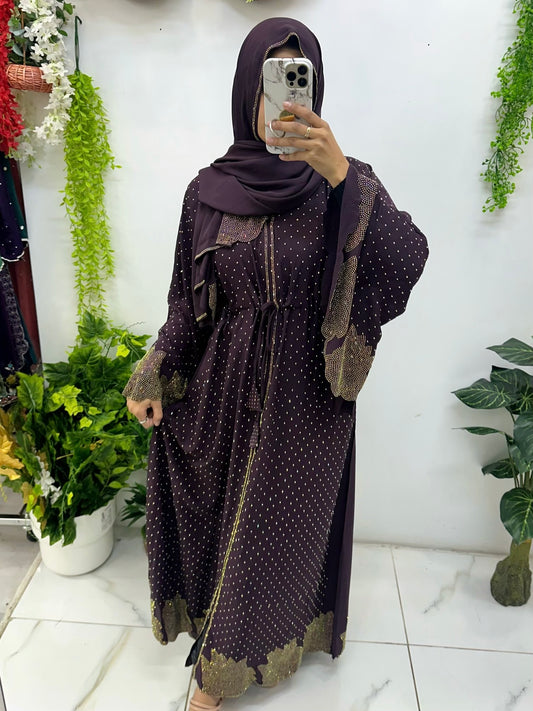 Purple heavy rimestone abaya set with hijab