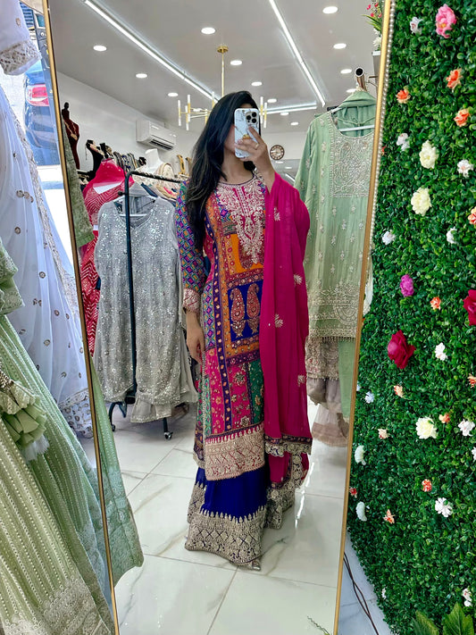 Fancy pink & blue silk suits with mirror work