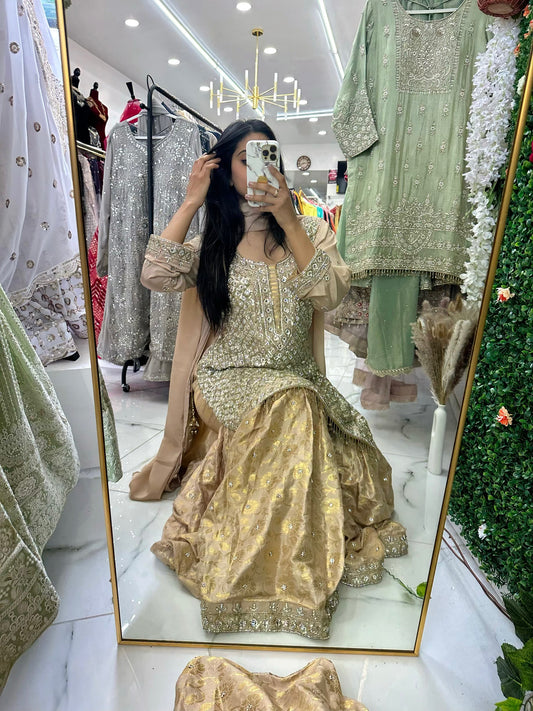 Heavy stone detailing nude gold gharara suit