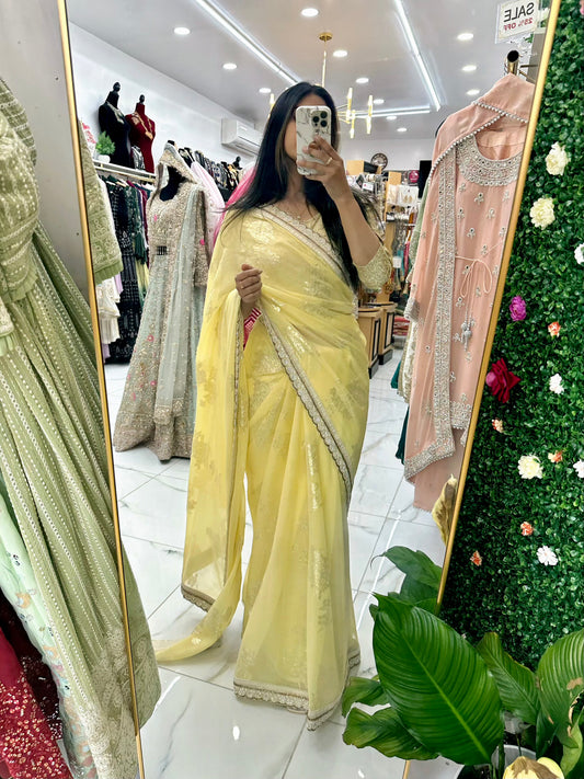 Yellow pearl lace party wear saree