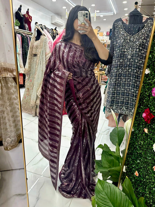 Plum and silver heavy sequencing party wear saree