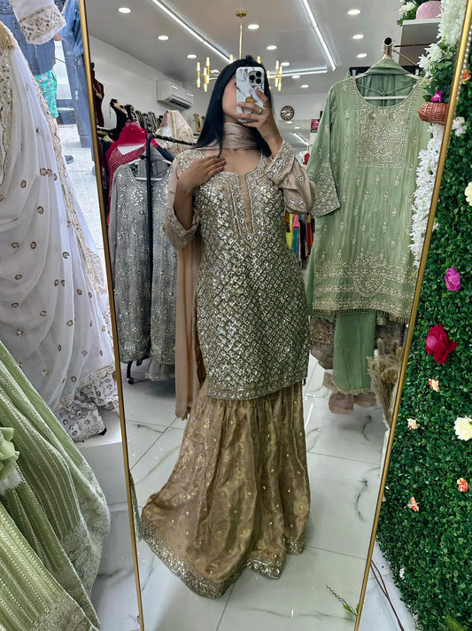 Heavy stone detailing nude gold gharara suit