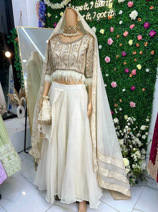 Off white feather style semi bridal lehenga