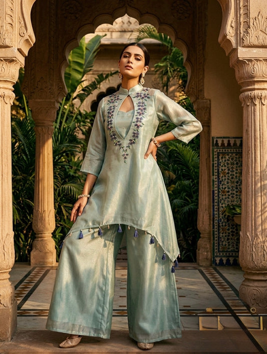 Sage silk tissue indo-western coord set