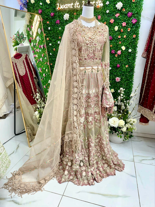 Heavy embroidery pink semi bridal lehenga