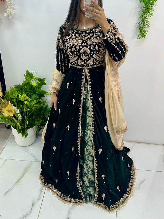 Green velvet semi bridal maxi lehenga