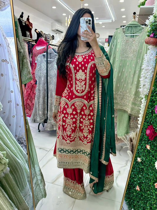 Red and green silk designer suit