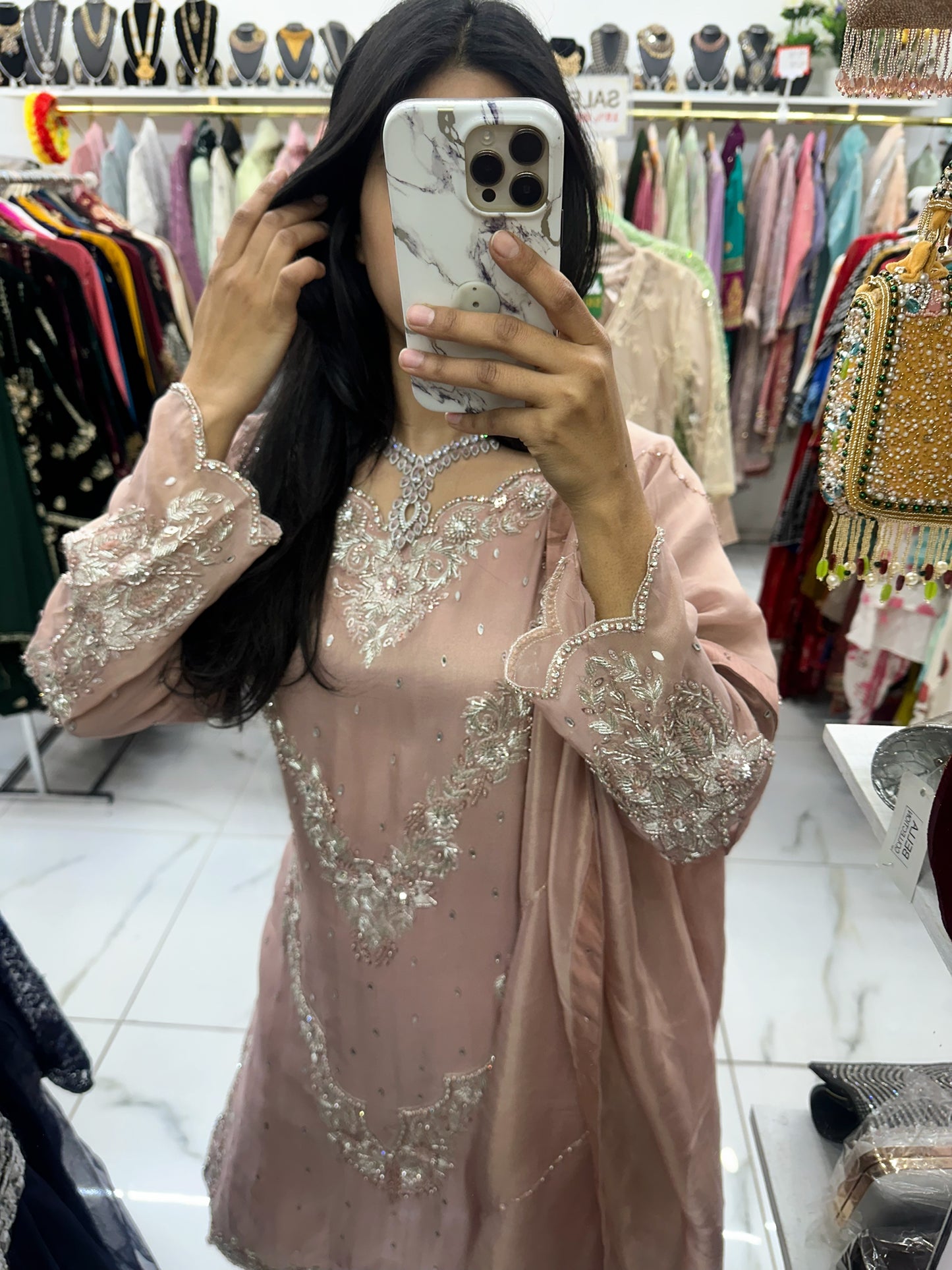 Nude hand work silk suit