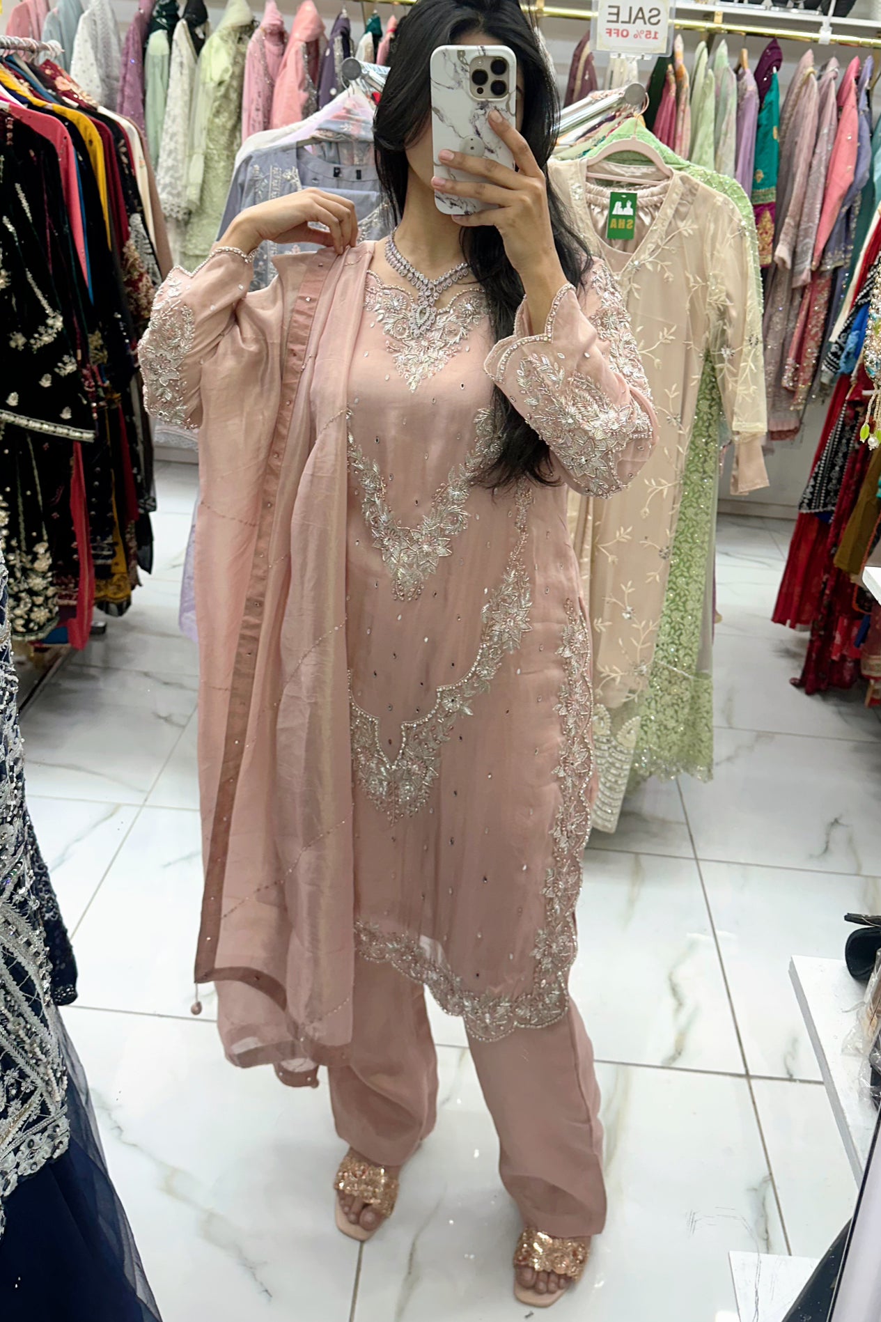 Nude hand work silk suit