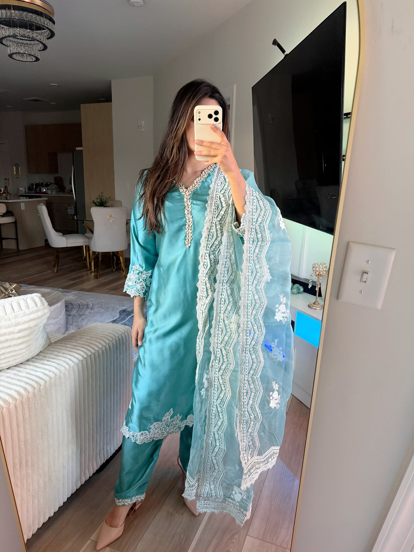 Light blue silk suit