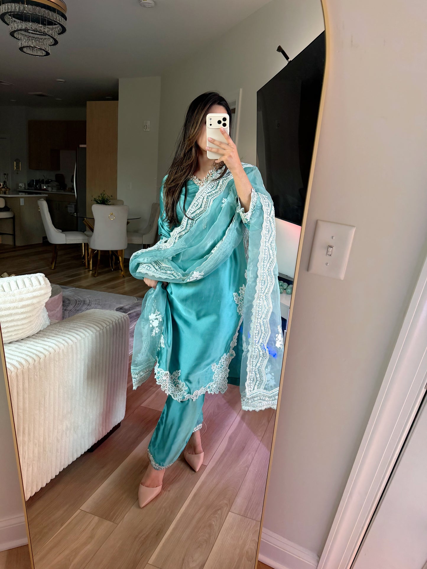 Light blue silk suit