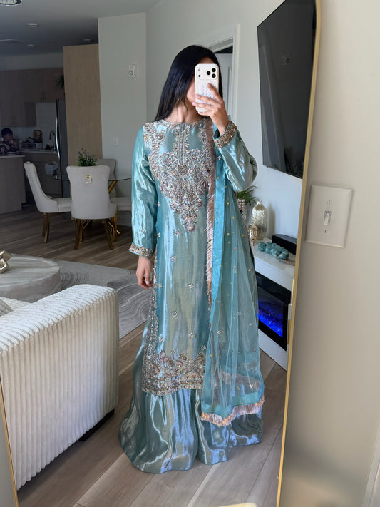 Metallic blue pakistani hand work suit