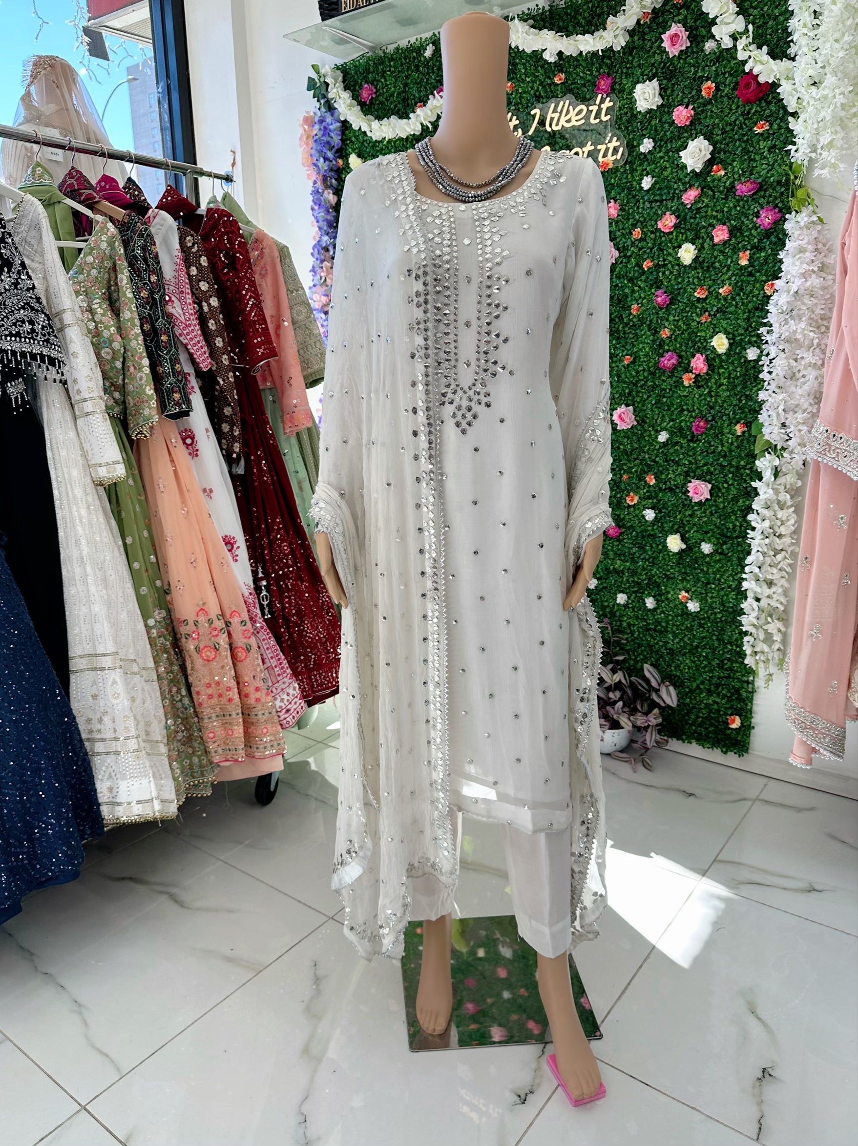 White chiffon original mukesh work suit – Selina Habibti Attire