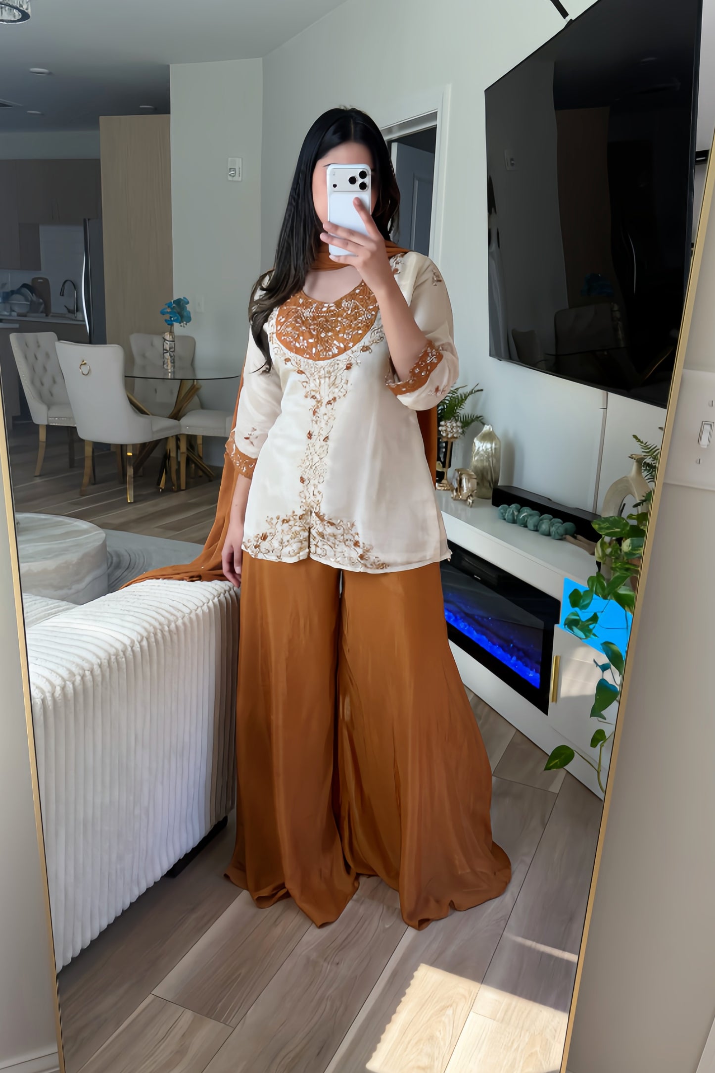 Cream and caremal short kameez suit